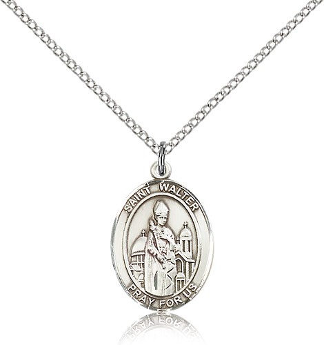 St. Walter of Pontnoise Medal, Sterling Silver, Medium - 18&quot; 1.2mm Sterling Silver Chain + Clasp