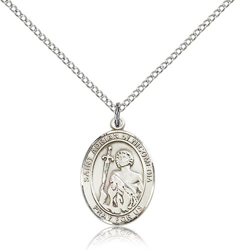 St. Adrian of Nicomedia Medal, Sterling Silver, Medium - 18&quot; 1.2mm Sterling Silver Chain + Clasp