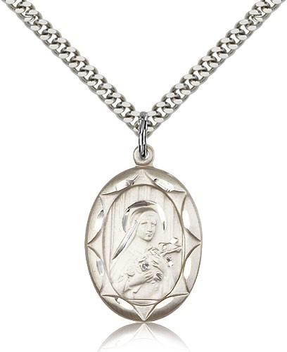 St. Theresa Medal, Sterling Silver - 24&quot; 2.4mm Rhodium Plate Endless Chain