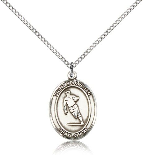 St. Sebastian Rugby Medal, Sterling Silver, Medium - 18&quot; 1.2mm Sterling Silver Chain + Clasp