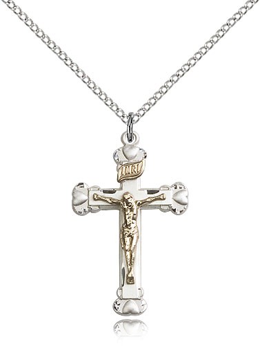 Crucifix Pendant, Two-Tone - 18&quot; 1.2mm Sterling Silver Chain + Clasp