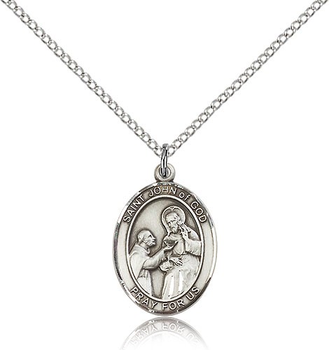 St. John of God Medal, Sterling Silver, Medium - 18&quot; 1.2mm Sterling Silver Chain + Clasp