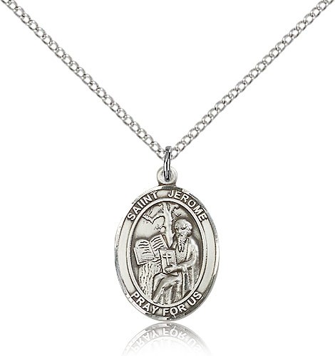 St. Jerome Medal, Sterling Silver, Medium - 18&quot; 1.2mm Sterling Silver Chain + Clasp