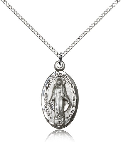 Miraculous Medal, Sterling Silver - 18&quot; 1.2mm Sterling Silver Chain + Clasp