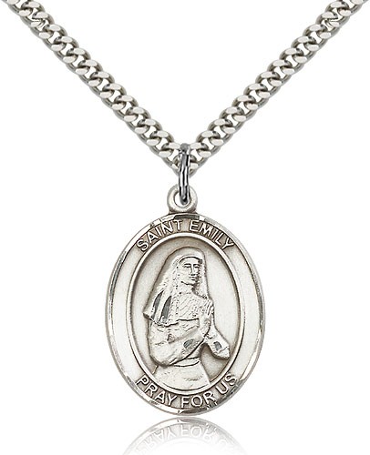 St. Emily De Vialar Medal, Sterling Silver, Large - 24&quot; 2.4mm Rhodium Plate Chain + Clasp