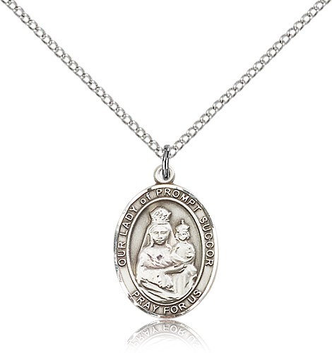 Our Lady of Prompt Succor Medal, Sterling Silver, Medium - 18&quot; 1.2mm Sterling Silver Chain + Clasp