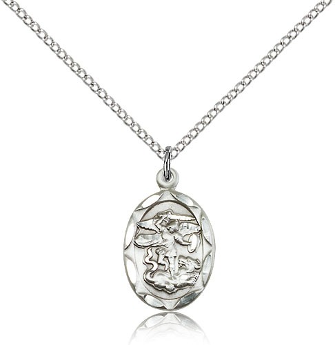 St. Michael the Archangel Medal, Sterling Silver - 18&quot; 1.2mm Sterling Silver Chain + Clasp