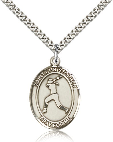 St. Sebastian Softball Medal, Sterling Silver, Large - 24&quot; 2.4mm Rhodium Plate Chain + Clasp