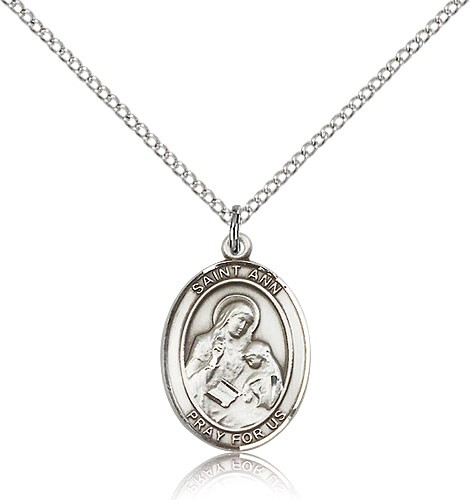 St. Ann Medal, Sterling Silver, Medium - 18&quot; 1.2mm Sterling Silver Chain + Clasp