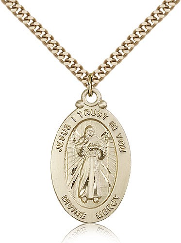 Divine Mercy Medal, Gold Filled - 24&quot; 2.4mm Gold Plated Endless Chain