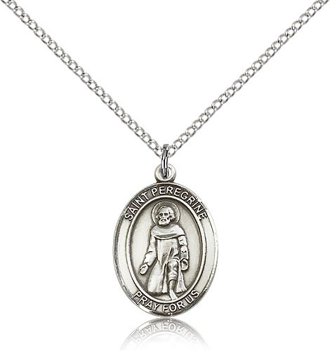 St. Peregrine Laziosi Medal, Sterling Silver, Medium - 18&quot; 1.2mm Sterling Silver Chain + Clasp