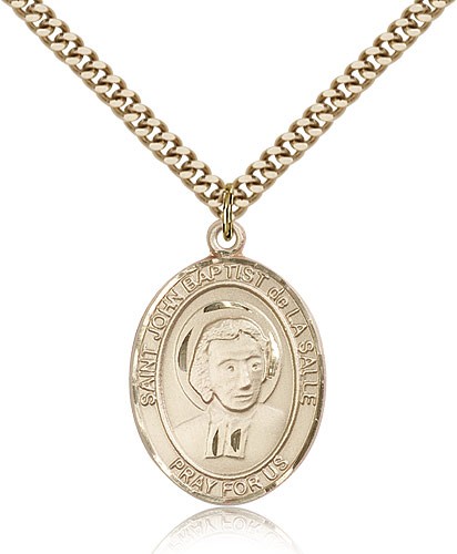 St. John Baptist De La Salle Medal, Gold Filled, Large - 24&quot; 2.4mm Gold Plated Chain + Clasp