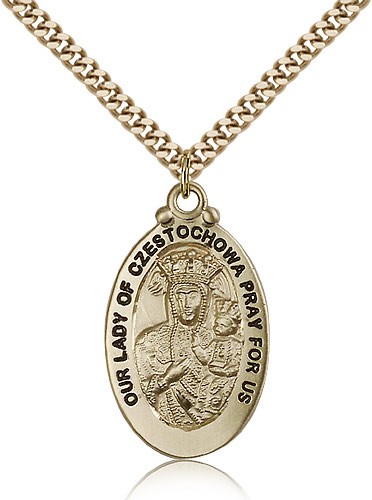 Our Lady of Czestochowa Medal, Gold Filled - 24&quot; 2.4mm Gold Plated Endless Chain