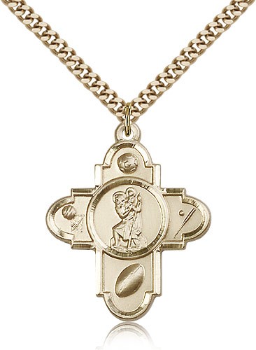 Sports 5 Way Cross St Christopher Medal, Gold Filled - 24&quot; 2.4mm Gold Plated Endless Chain
