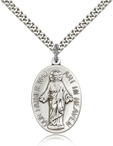 Our Father Medal, Sterling Silver - 24&quot; 2.4mm Rhodium Plate Endless Chain