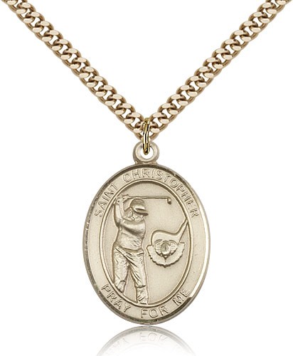 St. Christopher Golf Medal, Gold Filled, Large - 24&quot; 2.4mm Gold Plated Chain + Clasp