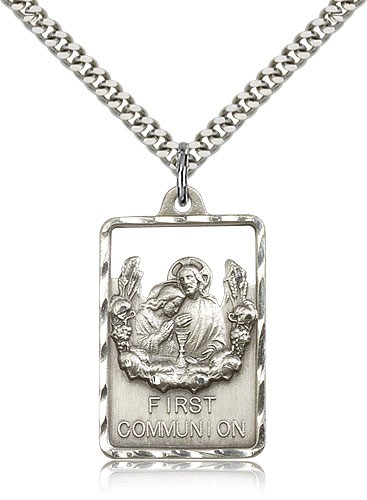 Communion First Reconciliation Medal, Sterling Silver - 24&quot; 2.4mm Rhodium Plate Endless Chain