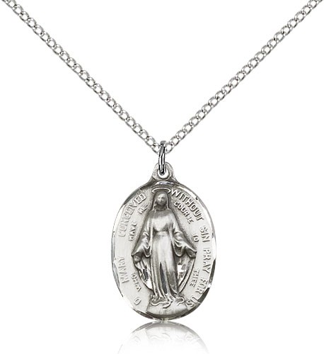 Immaculate Conception Medal, Sterling Silver - 18&quot; 1.2mm Sterling Silver Chain + Clasp