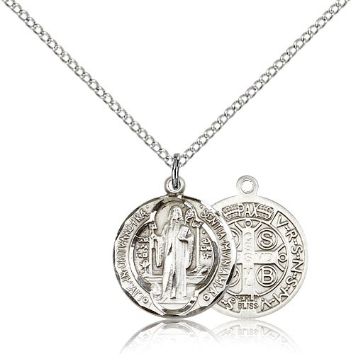 St. Benedict Medal, Sterling Silver - 18&quot; 1.2mm Sterling Silver Chain + Clasp