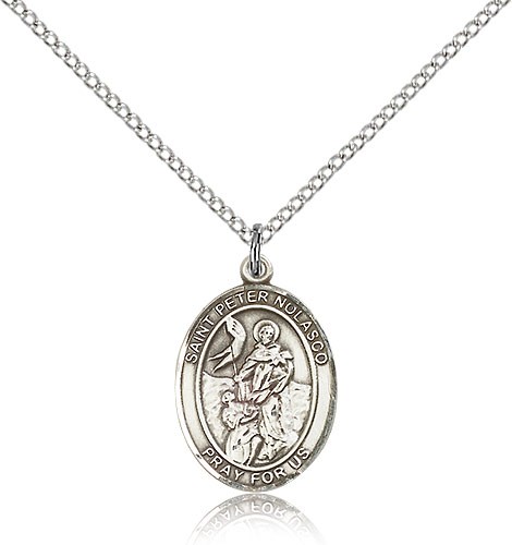 St. Peter Nolasco Medal, Sterling Silver, Medium - 18&quot; 1.2mm Sterling Silver Chain + Clasp