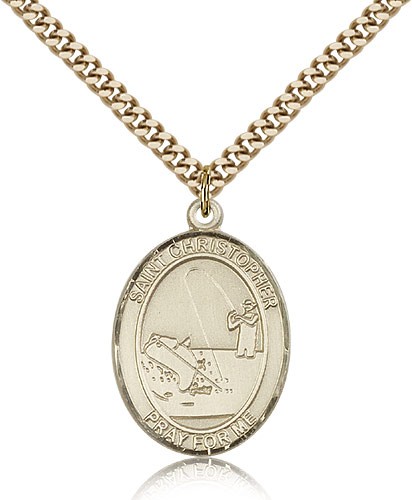 St. Christopher Fishing Medal, Gold Filled, Large - 24&quot; 2.4mm Gold Plated Chain + Clasp