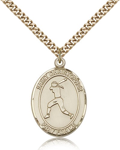 St. Christopher Softball Medal, Gold Filled, Large - 24&quot; 2.4mm Gold Plated Chain + Clasp