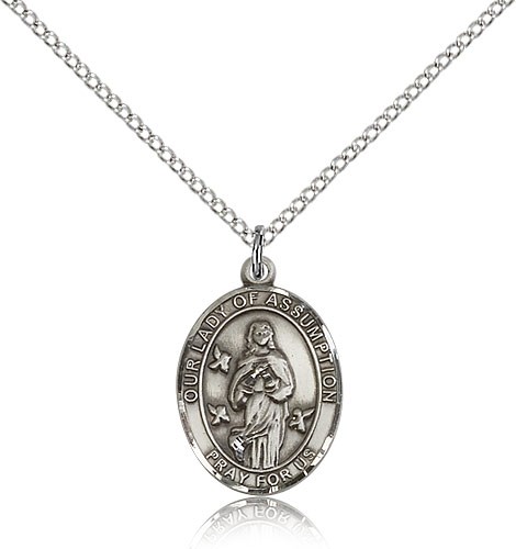 Our Lady of Assumption Medal, Sterling Silver, Medium - 18&quot; 1.2mm Sterling Silver Chain + Clasp