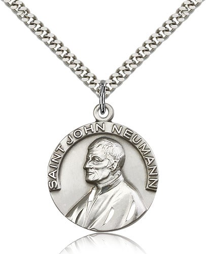 St. John Neumann Medal, Sterling Silver - 24&quot; 2.4mm Rhodium Plate Endless Chain