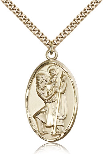 Men's Large Gold Filled Saint Christopher Pendant - 24&quot; 2.4mm Gold Plated Endless Chain