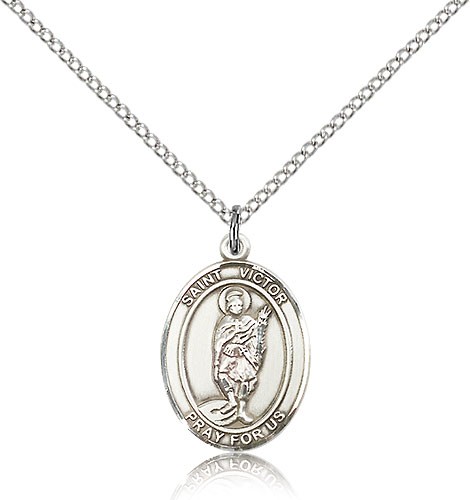 St. Victor of Marseilles Medal, Sterling Silver, Medium - 18&quot; 1.2mm Sterling Silver Chain + Clasp