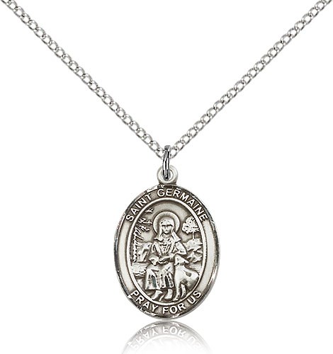 St. Germaine Cousin Medal, Sterling Silver, Medium - 18&quot; 1.2mm Sterling Silver Chain + Clasp