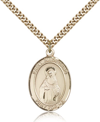 St. Hildegard Von Bingen Medal, Gold Filled, Large - 24&quot; 2.4mm Gold Plated Chain + Clasp