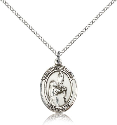 St. Bernadette Medal, Sterling Silver, Medium - 18&quot; 1.2mm Sterling Silver Chain + Clasp