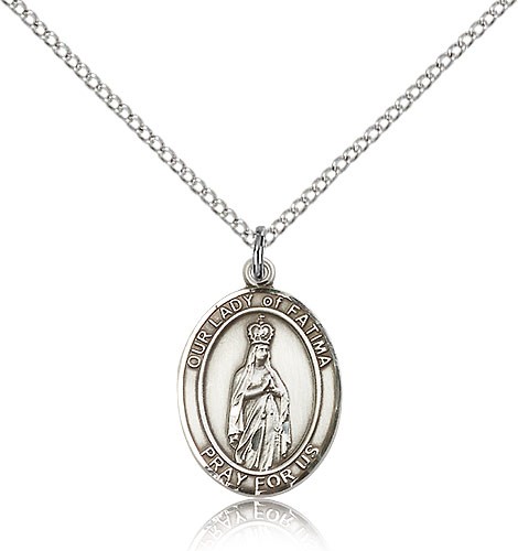 Our Lady of Fatima Medal, Sterling Silver, Medium - 18&quot; 1.2mm Sterling Silver Chain + Clasp