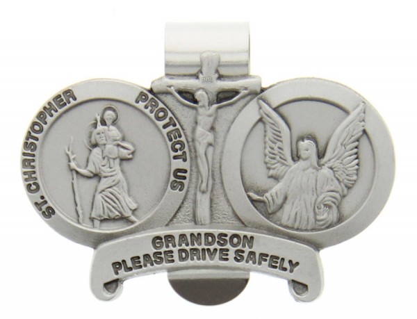 St. Christopher and Guardian Angel Protect My Grandson Visor Clip - Silver-tone