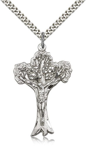 Tree of Life Crucifix Pendant, Sterling Silver - 24&quot; 2.4mm Rhodium Plate Endless Chain