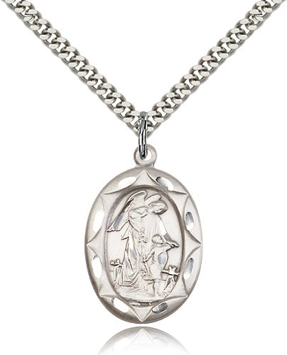 Guardian Angel Medal, Sterling Silver - 24&quot; 2.4mm Rhodium Plate Endless Chain