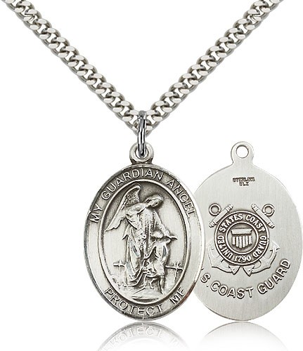 Guardian Angel Coast Guard Medal, Sterling Silver, Large - 24&quot; 2.4mm Rhodium Plate Chain + Clasp