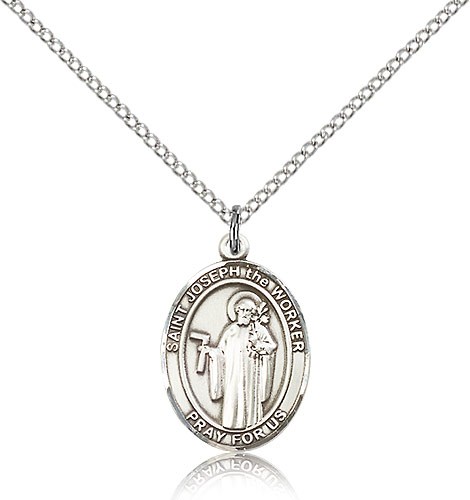 St. Joseph the Worker Medal, Sterling Silver, Medium - 18&quot; 1.2mm Sterling Silver Chain + Clasp