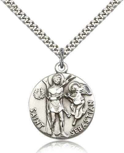 St. Sebastian Medal, Sterling Silver - 24&quot; 2.4mm Rhodium Plate Endless Chain