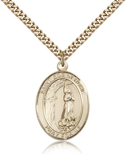 St. Zoe of Rome Medal, Gold Filled, Large - 24&quot; 2.4mm Gold Plated Chain + Clasp