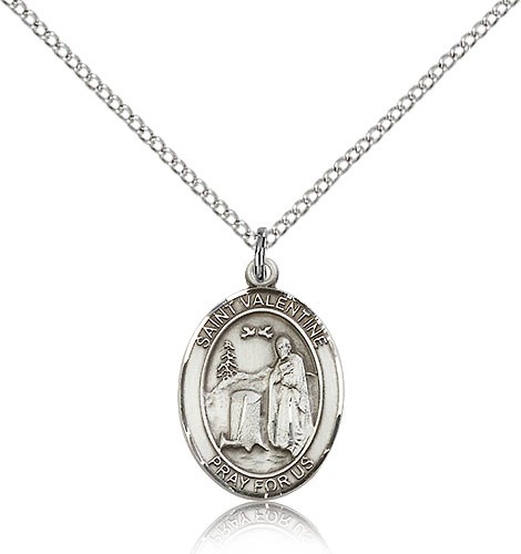 St. Valentine of Rome Medal, Sterling Silver, Medium - 18&quot; 1.2mm Sterling Silver Chain + Clasp