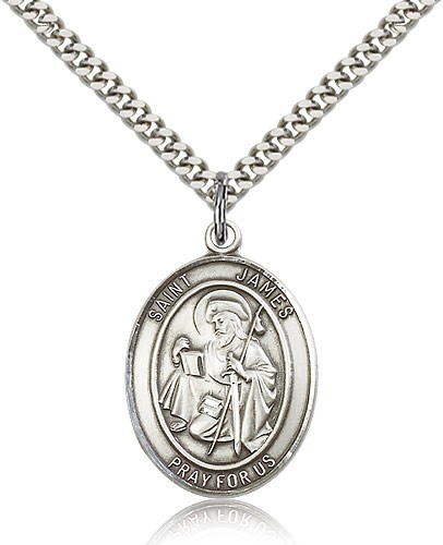 St. James the Greater Medal, Sterling Silver, Large - 24&quot; 2.4mm Rhodium Plate Chain + Clasp