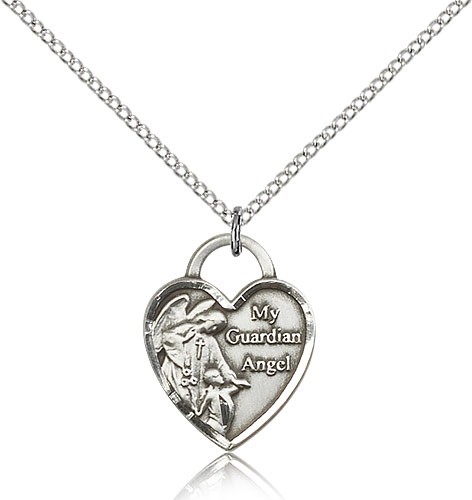 Guardian Angel Heart Medal, Sterling Silver - 18&quot; 1.2mm Sterling Silver Chain + Clasp