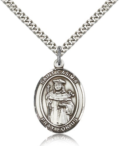 St. Casimir of Poland Medal, Sterling Silver, Large - 24&quot; 2.4mm Rhodium Plate Chain + Clasp