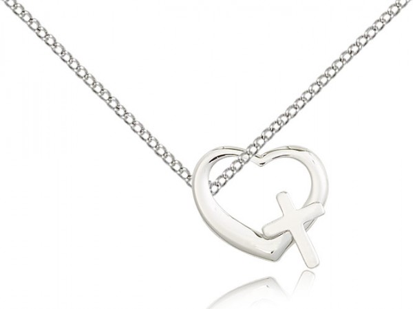 Heart Cross Pendant, Sterling Silver - 18&quot; 1.2mm Sterling Silver Chain + Clasp