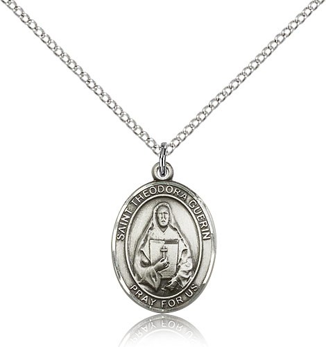 St. Theodore Guerin Medal, Sterling Silver, Medium - 18&quot; 1.2mm Sterling Silver Chain + Clasp