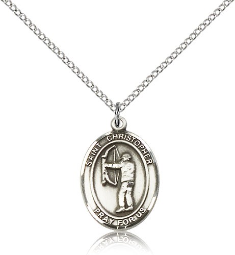 St. Christopher Archery Medal, Sterling Silver, Medium - 18&quot; 1.2mm Sterling Silver Chain + Clasp