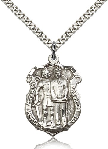 St. Michael the Archangel Medal, Sterling Silver - 24&quot; 2.4mm Rhodium Plate Endless Chain