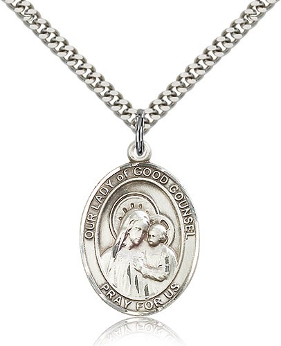 Our Lady of Good Counsel Medal, Sterling Silver, Large - 24&quot; 2.4mm Rhodium Plate Chain + Clasp